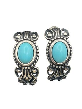 Ornate scroll design sterling silver blue stone cabochon half hoop earrings